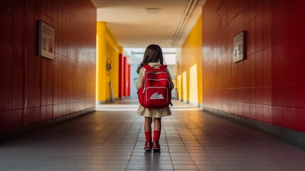 Young girl wearing a red backpack walks along a school hallway