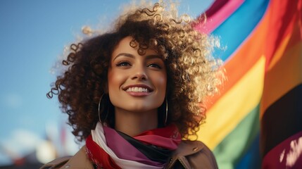 Beautiful young woman standing proudly with the rainbow flag. AI-generated.