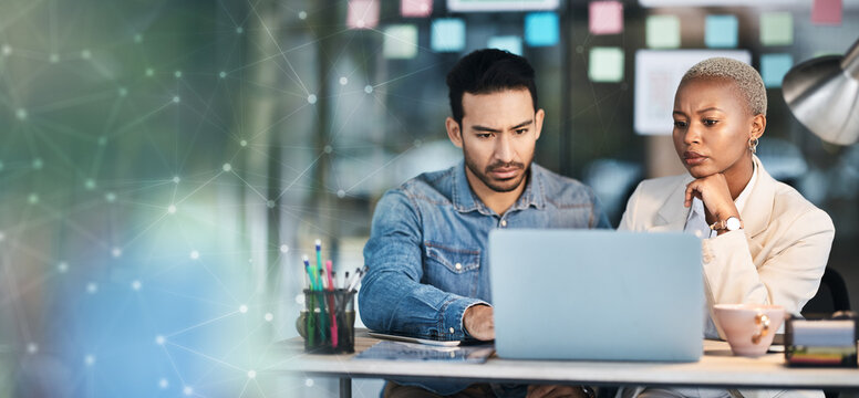 Teamwork, laptop and overlay with business people and research in office for creative, networking and review. Banner, mockup and startup with man and black woman in digital agency for website