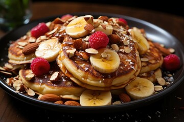 AI generated illustration of delicious pancakes with fruits and almonds