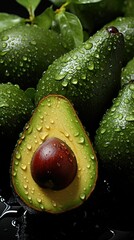 AI generated illustration of fresh ripe avocados with water drops