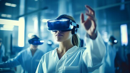 Young female wearing a virtual reality headset and headphones, AI-generated.