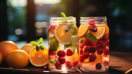 Fototapeta na wymiar Two glass jars with fresh orange slices, raspberries, and mint leaves. AI-generated.