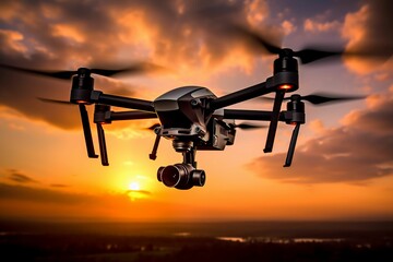 AI generated illustration of a drone flying with a mountain range and a sunset in the background