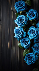 blue rose composition on wooden tabletop Generative AI