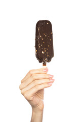 Ice cream covered with chocolate and almonds sticks in hand isolated on white background.