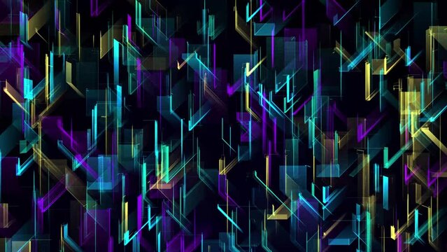 High tech futuristic data design background loop. Green blue violet yellow colors. Creative cyberpunk technology digital backdrop animation. Techno geometric media net concept seamless element motion.