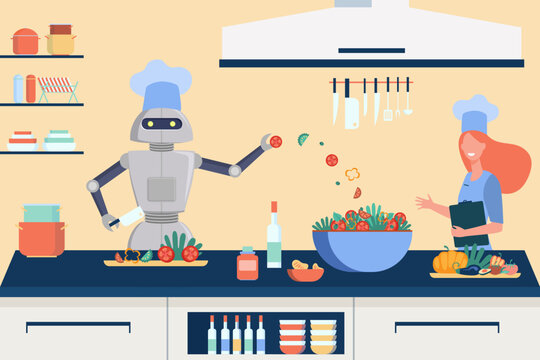 Comic robot chef cooking salad in kitchen vector illustration. Cartoon drawing of robotic cook making meal according to recipe, happy programmer. Artificial intelligence, programming, cooking concept
