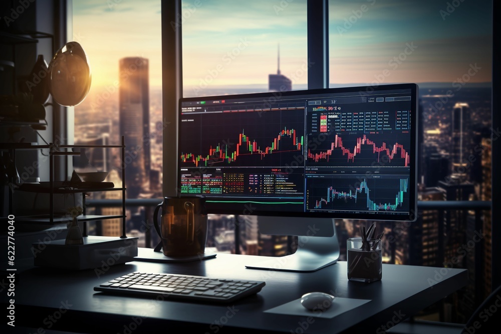 Poster ai generated illustration of a computer monitor displaying a financial graph of the stock market