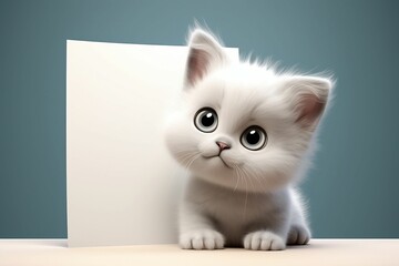 AI generated illustration of a white kitten with bright eyes peeking out from a white card