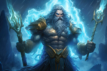 AI generated illustration of the enormous furious Poseidon god in the stormy fantasy ocean