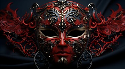 Black and red mask featuring intricate designs on its face. AI-generated.
