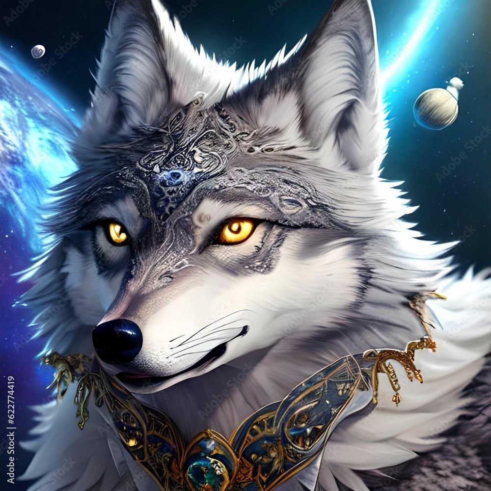 Sticker AI generated gray wolf with yellow eyes and patterned forehead