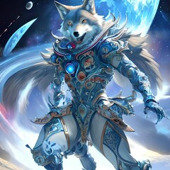 AI generated spirit wolf wearing metallic costume in space