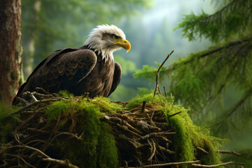 photo of an eagle in its nest against a green fore