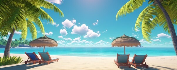 Beautiful banner beach with sand, turquoise ocean water and blue sky with clouds in sunny day. Ai generative.