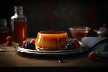 AI generated illustration of creme caramel served on a plate