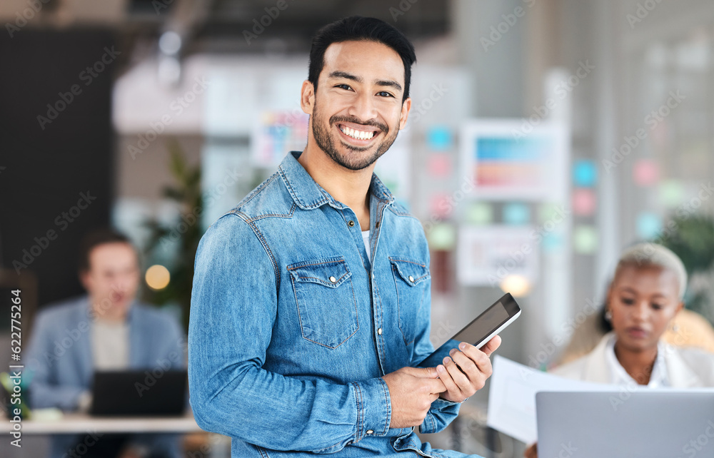 Poster tablet, digital and portrait of man designer happy for startup creativity growth on a website, web o