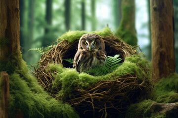 photo of an Owl in its nest against a green forest