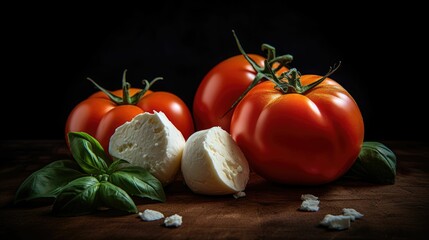 AI generated illustration of tomato and mozzarella served with greens