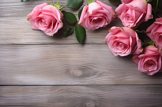 pink rose composition on wooden tabletop Generative AI