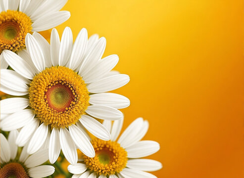 White daisies and garden flowers on a light orange background. The flowers are arranged side, empty space left on the other side.