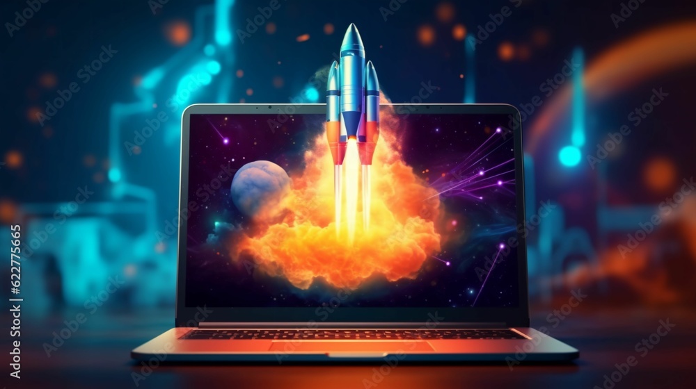 Poster ai generated illustration of a laptop computer with a colorful rocket emerging from the display