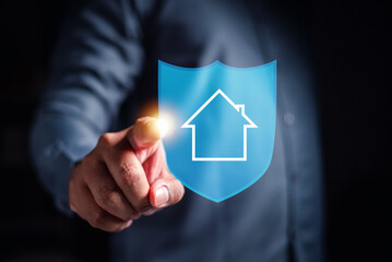 business, shield, insurance, protection, security, safety, assurance, wealth, life assurance, finance. businessman engages with shield hud, highlighting the importance of insurance in the digital age.