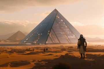 AI generated illustration of a person standing on top of the sand next to a pyramids in Egypt