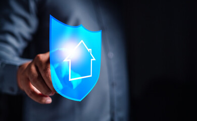 business, shield, insurance, protection, security, safety, assurance, wealth, life assurance, finance. businessman engages with shield hud, highlighting the importance of insurance in the digital age.