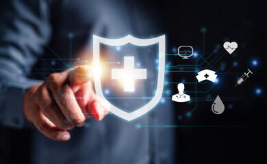 business, shield, insurance, protection, security, safety, assurance, wealth, life assurance, finance. businessman engages with shield hud, highlighting the importance of insurance in the digital age.