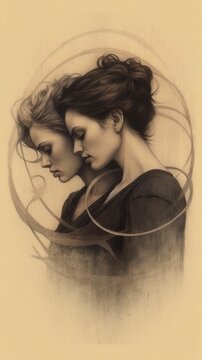 AI-generated digital art, charcoal drawing of profiles of two women side-by-side
