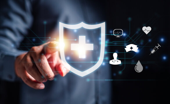 business, shield, insurance, protection, security, safety, assurance, wealth, life assurance, finance. businessman engages with shield hud, highlighting the importance of insurance in the digital age.