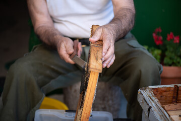 older man cutting the wax off the bee panels at the door of a house. experienced older man wearing...
