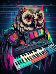 AI generated illustration of an owl DJ playing music at a nightclub under neon lights
