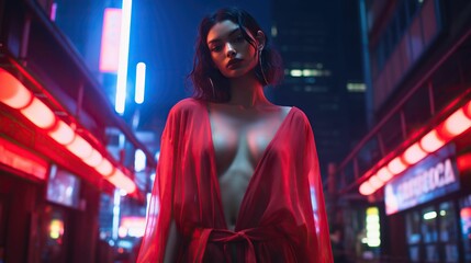 Obraz premium Attractive Asian woman in a traditional kimono on a street illuminated by neon lights. Ai generated