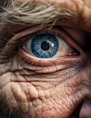 Closeup of an elderly person's eye looking directly into the camera. AI-generated.