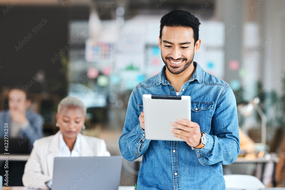 Poster Tablet, agency and web developer working or employee happy for startup programming on a website, web or internet. Smile, technology and businessman in typing in an office for an online proposal