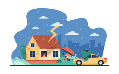 Sad girl sitting near house during storm vector illustration. Scared woman with umbrella, burning building, tree on car, increased turbulence. Climate change, weather, natural disaster concept