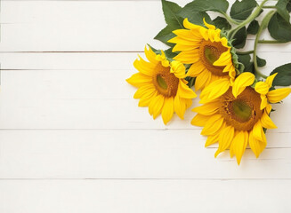 Sunflowers on a wooden table. View from above. Background with copy space.