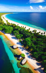 Fototapeta premium Aerial view of beautiful tropical beach with coconut palm trees, blue lagoon and white sand. Generative AI.
