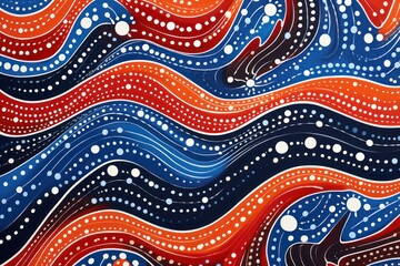 Abstract brightly colored aboriginal painting in red and blue. Wavy lines and organic shapes.