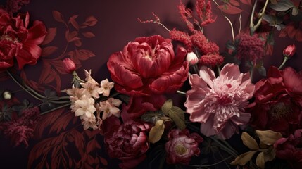 Beautiful bouquet of flowers on a dark red background. Illustration in retro style.
