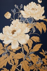 Gold peony flowers on a dark blue background. Floral background. Illustration in vintage style.