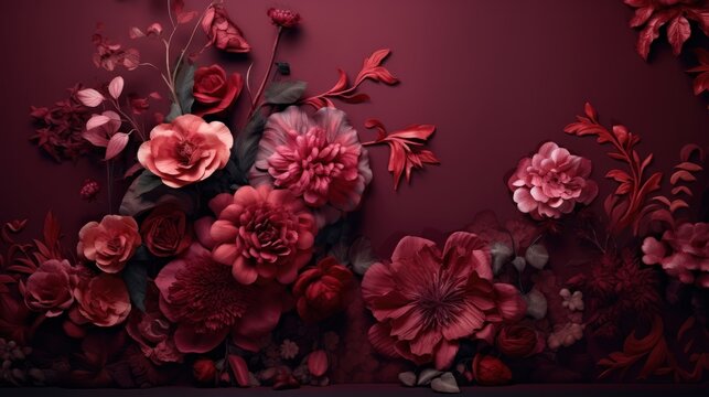 Beautiful flowers on a dark red background. Floral design banner.