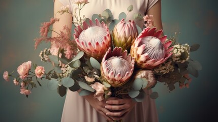 Female hands hold a bouquet of protea flowers and butterflies, closeup. Pastel colors.