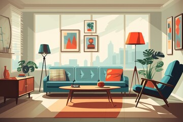 Living room interior with sofa, armchair, coffee table and window with city view. Illustration in flat retro style.