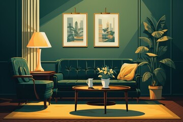 Interior of the living room with a sofa, a coffee table and a plant. Illustration in flat retro style.