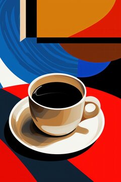 White cup of coffee on abstract background. Vintage illustration.