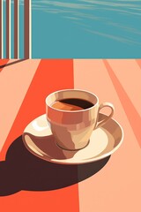 White cup of coffee on the background of the sea. Vintage illustration.
